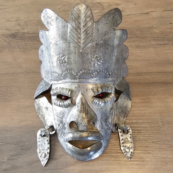 Vintage Mexican Tin Metal Mask with Beaded Eyes Folk Art Primitive Style Tribal - Picture 1 of 9